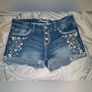 EUC Amethyst Cutoff Button Fly Floral Design Denim Shorts Jrs. 5